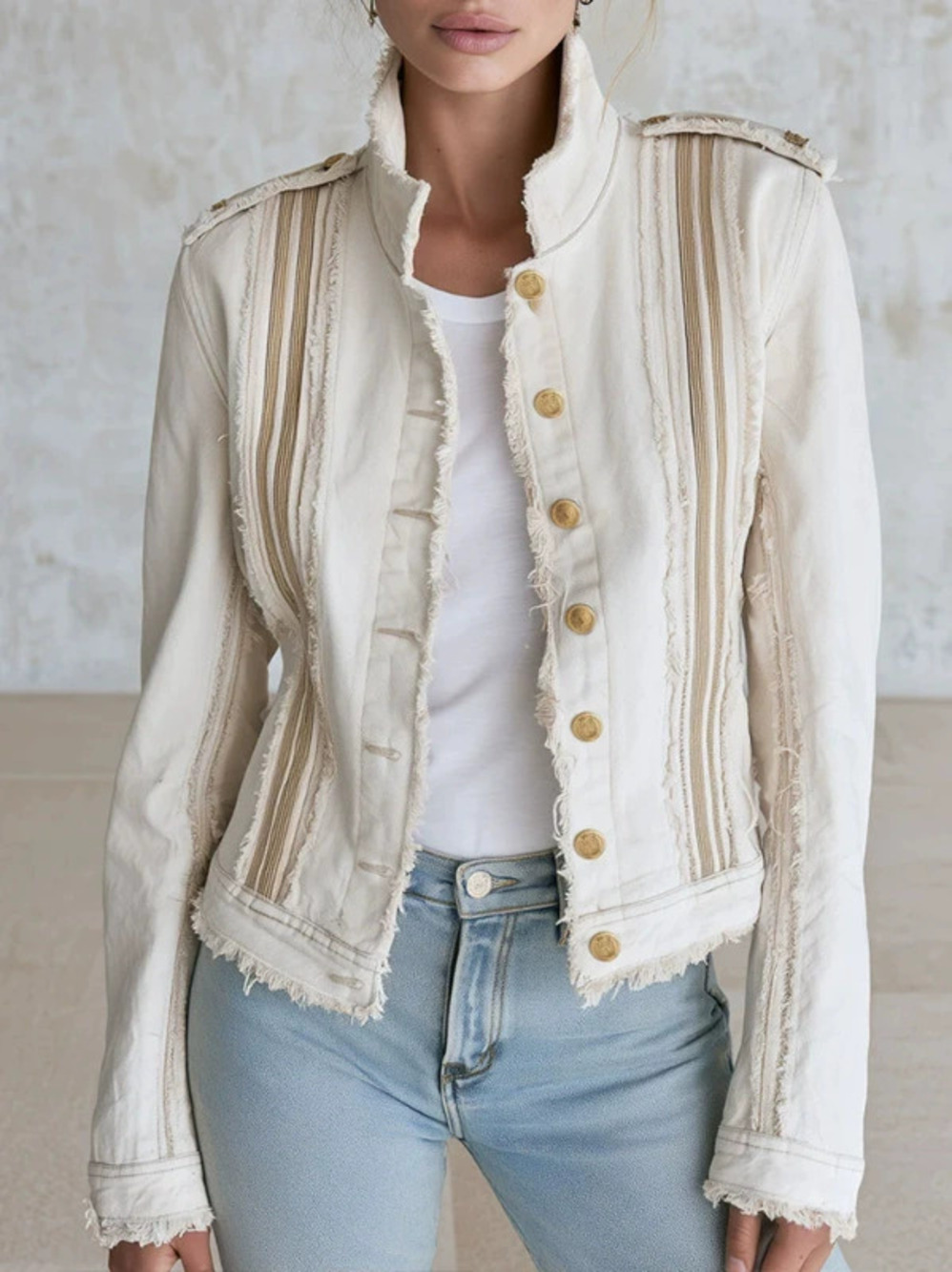 H&M Casual Vintage Distressed Off White Denim Jacket